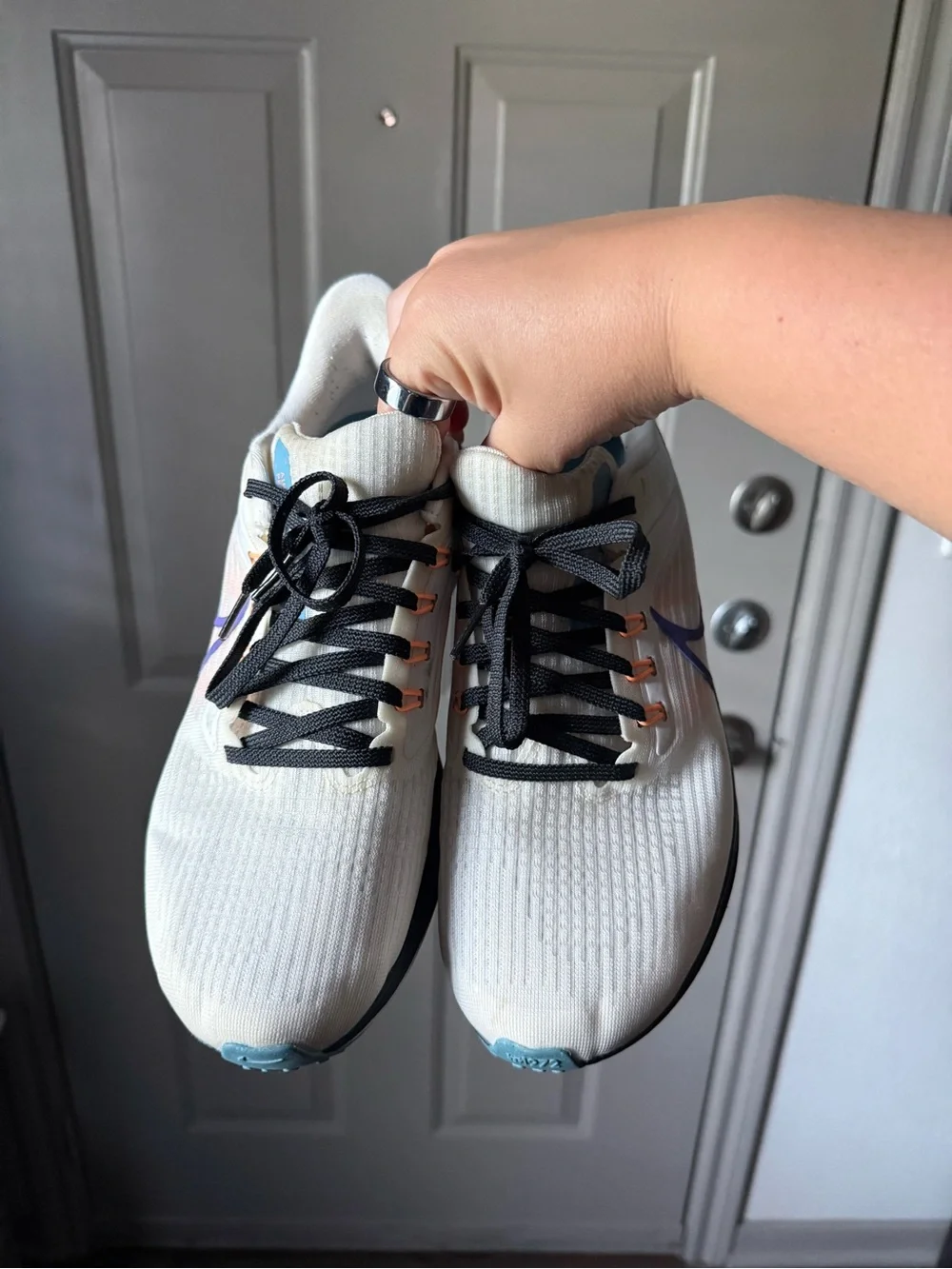 Nike Cream and Purple Swoosh Athletic Sneakers